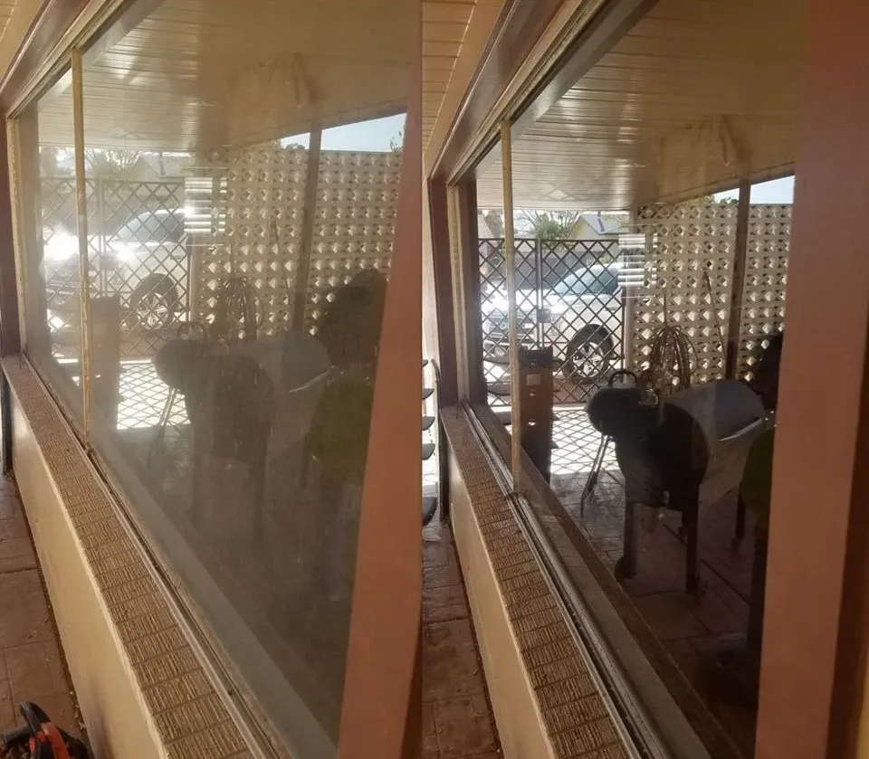Before-and-after comparison showing hazy residential glass transformed into a clear, bright window