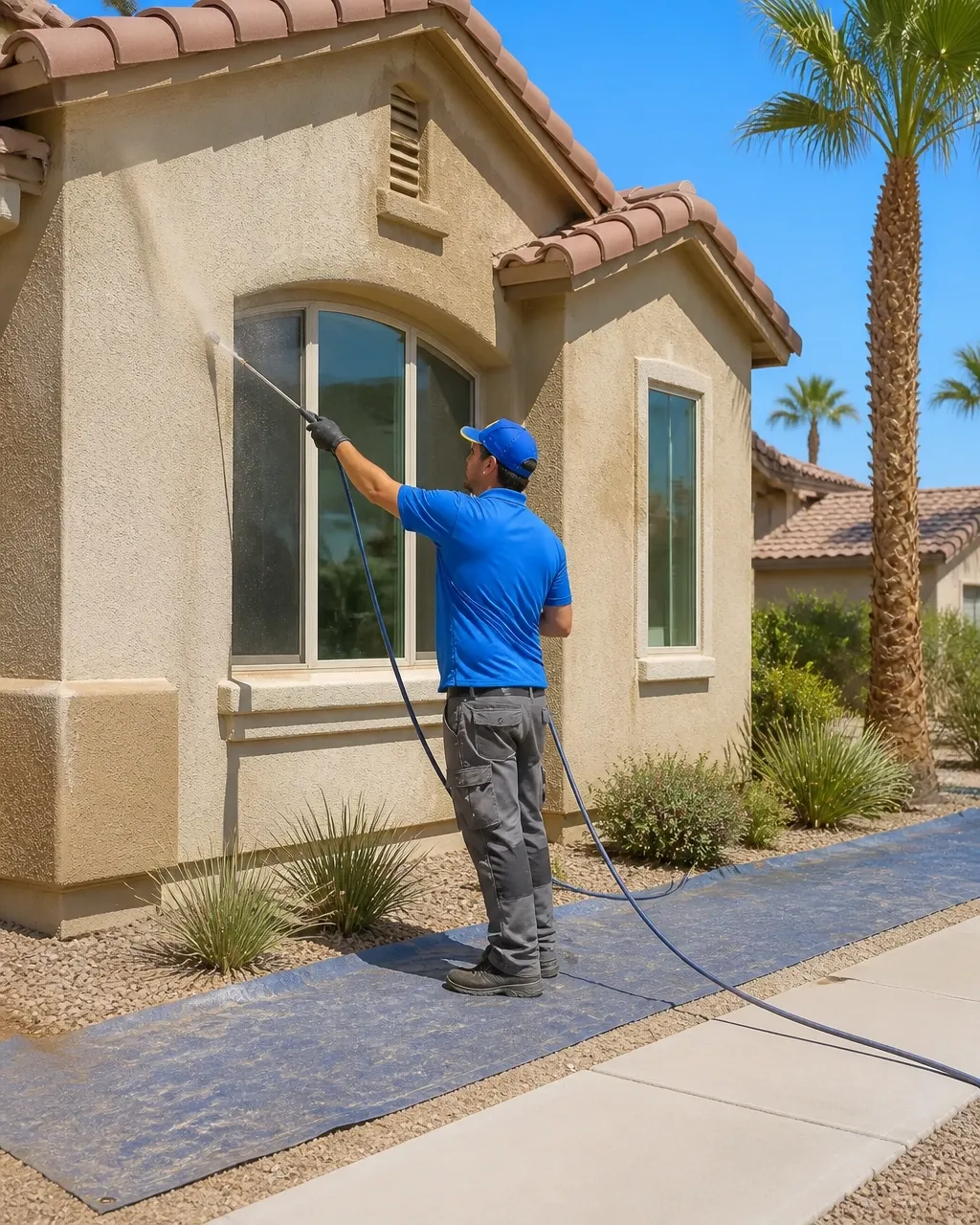 Professional technician carefully washing the stucco exterior of a desert home with a controlled, surface-appropriate process