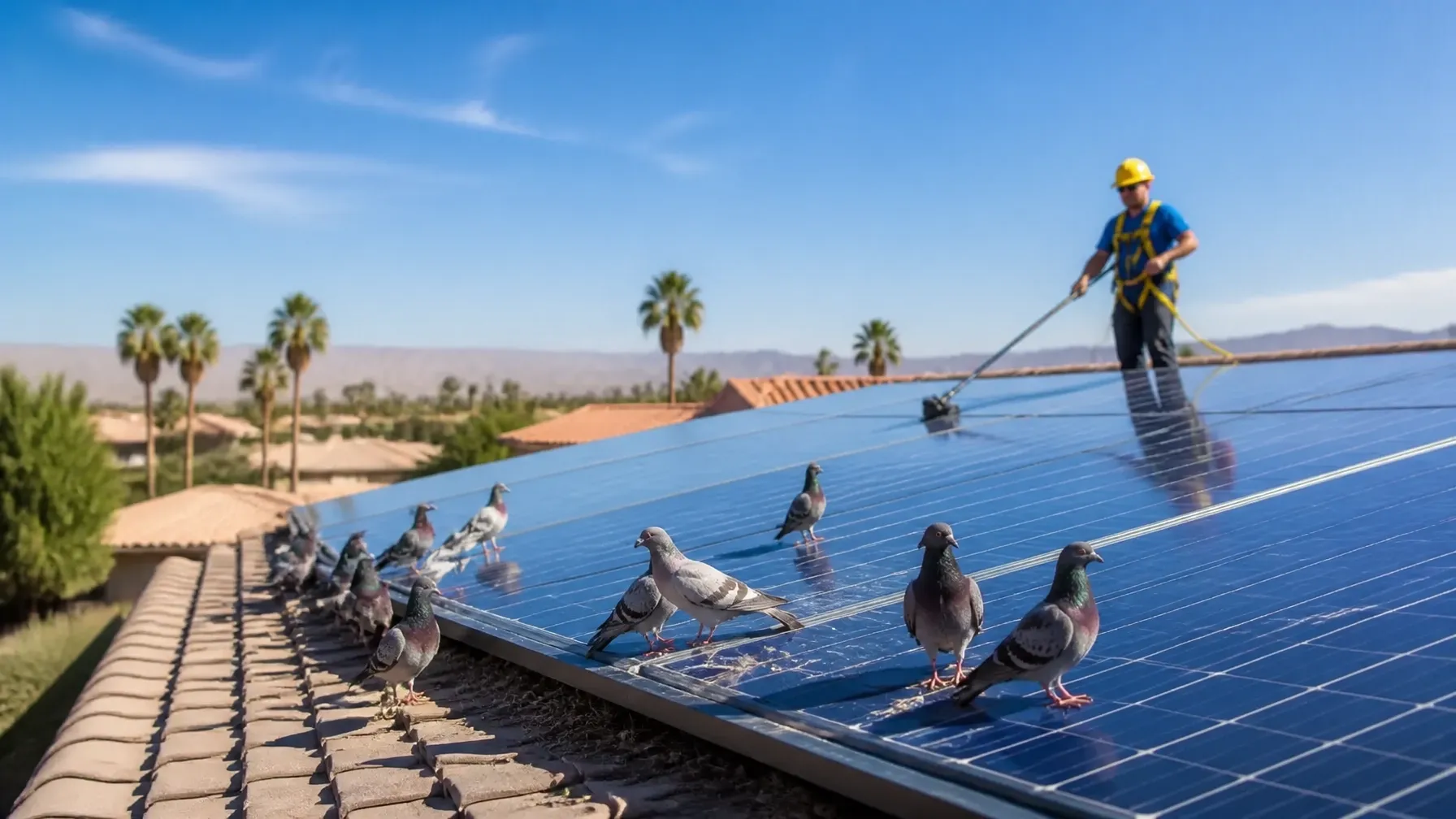 Residential solar panels with pigeons near the array edge in the Imperial Valley