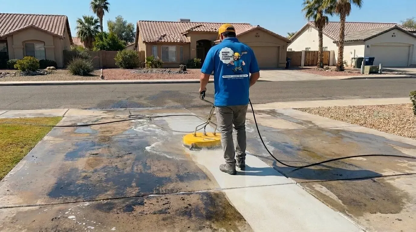Professional-grade surface cleaner removing grime from a residential concrete driveway