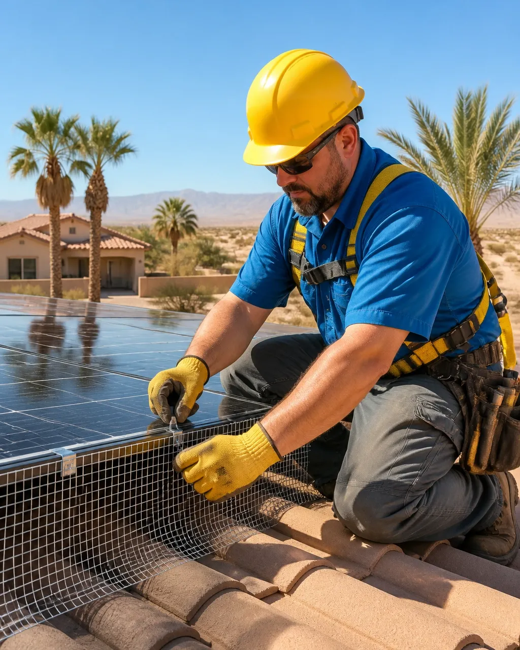 Professional technician installing a solar panel bird-proofing mesh barrier with panel-safe clips