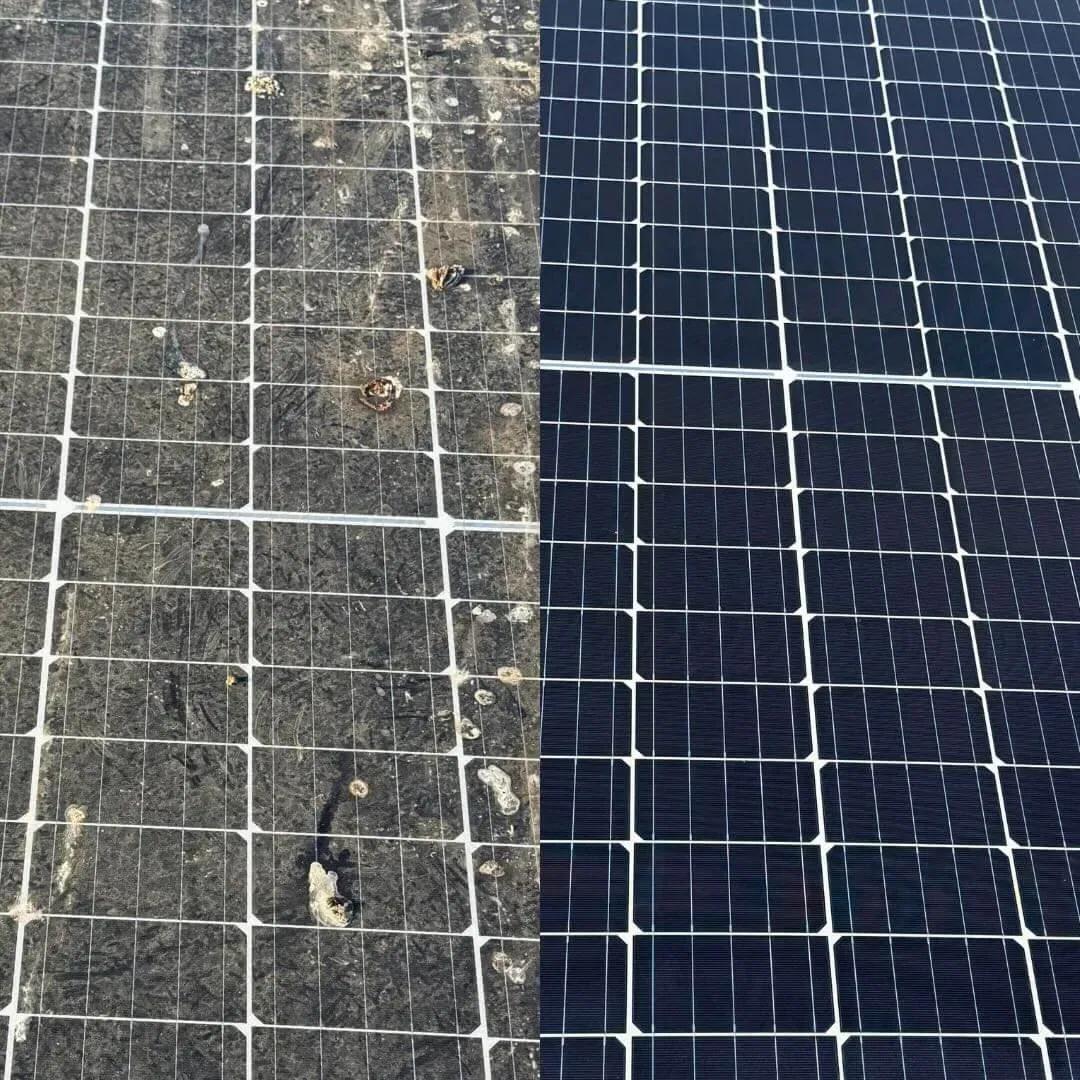 Split comparison of a dusty solar panel surface and a clean dark-blue panel array.